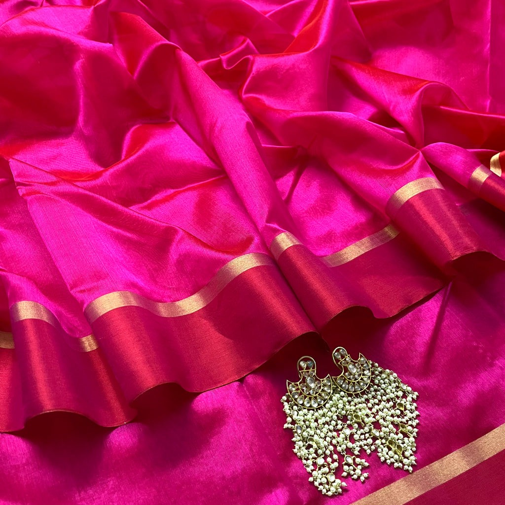 Pink and red Chanderi silk saree with silk border