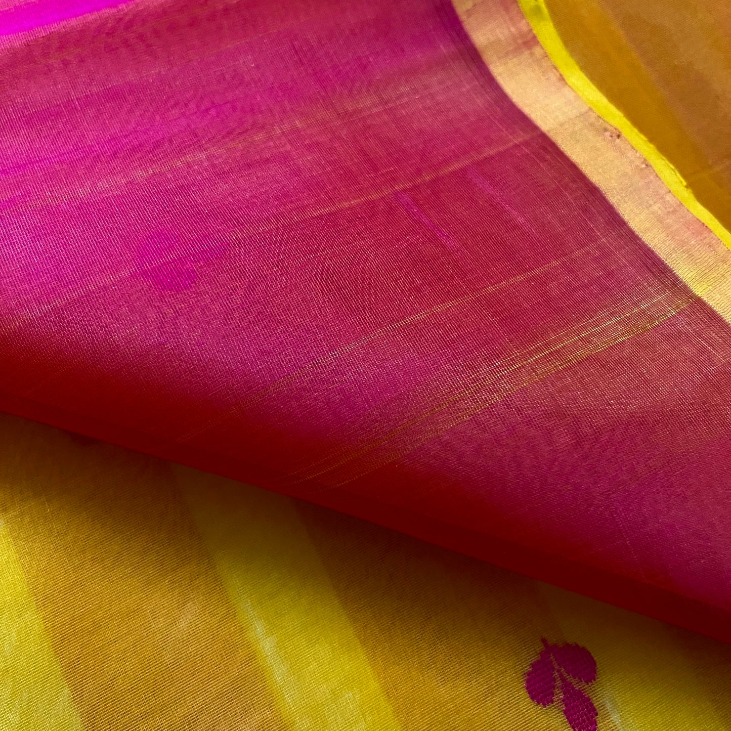Mustard and pink Chanderi silk saree with resham bootis all over
