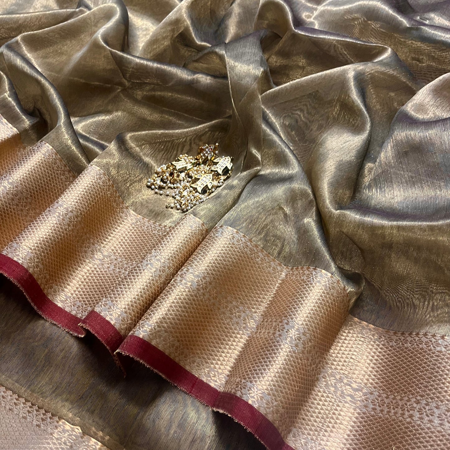 Antique gold and red Maheshwari tissue silk saree with zari pattern on pallu