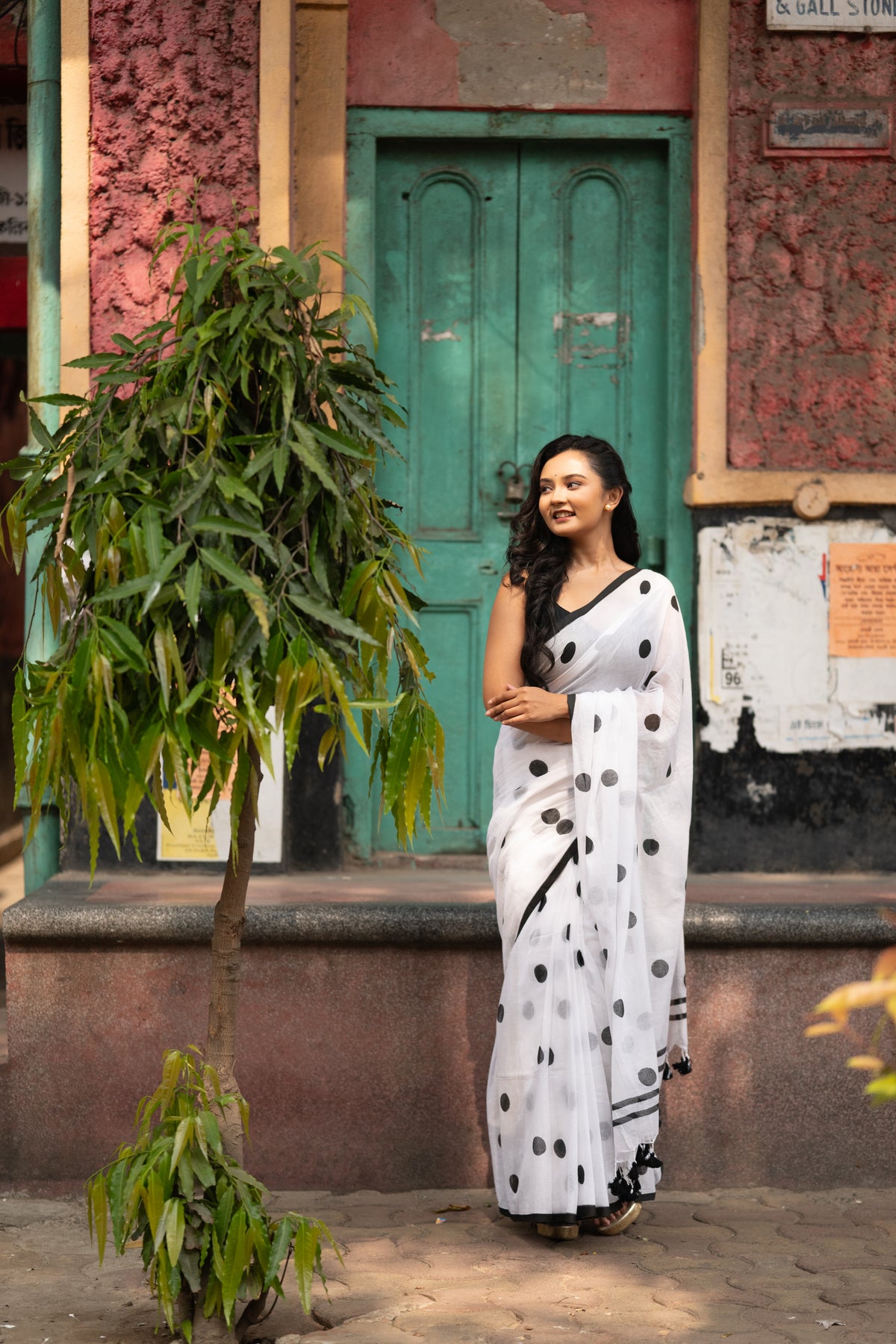 White and black polka dots mulmul saree