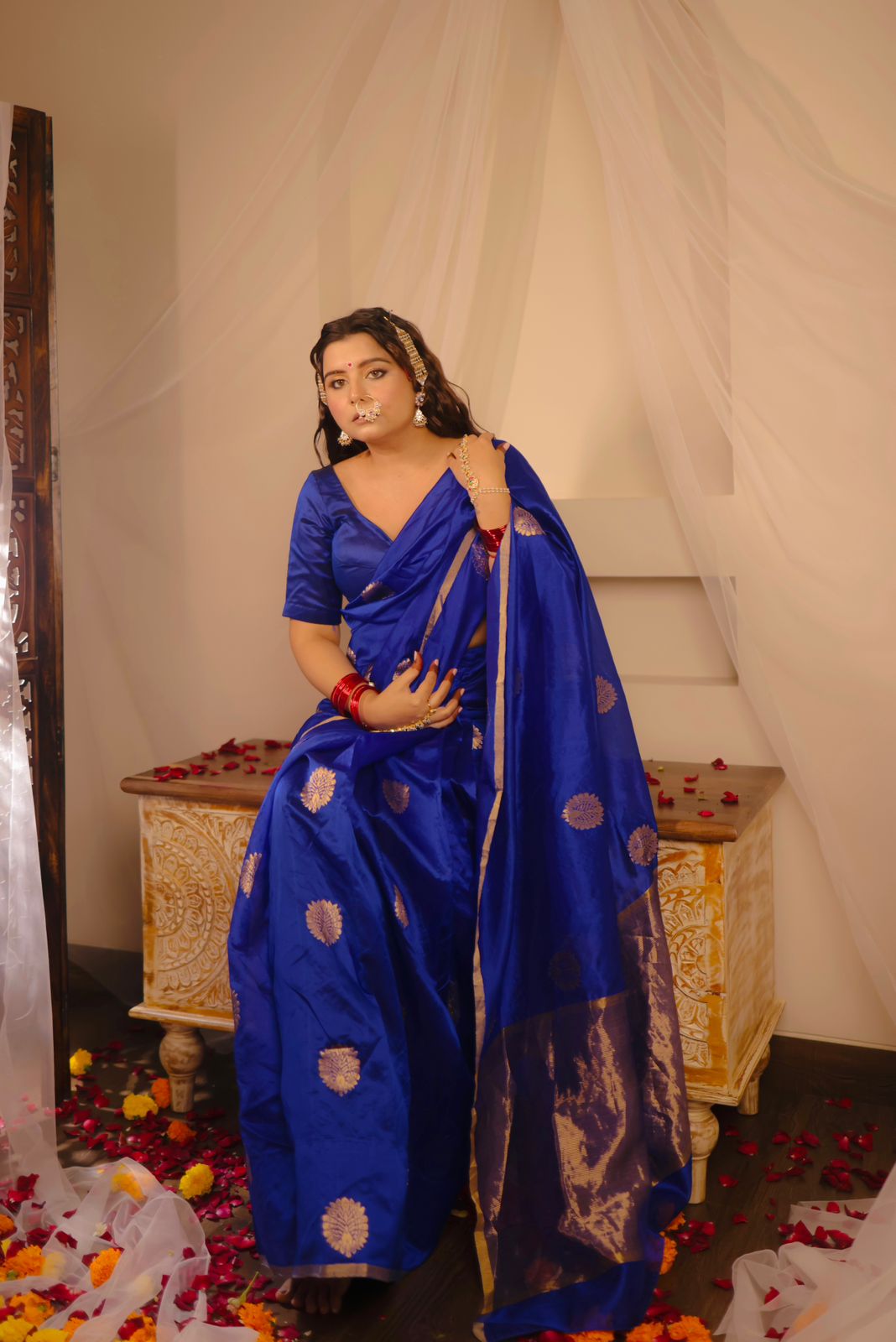 Royal blue chanderi silk saree with mor-motifs all over