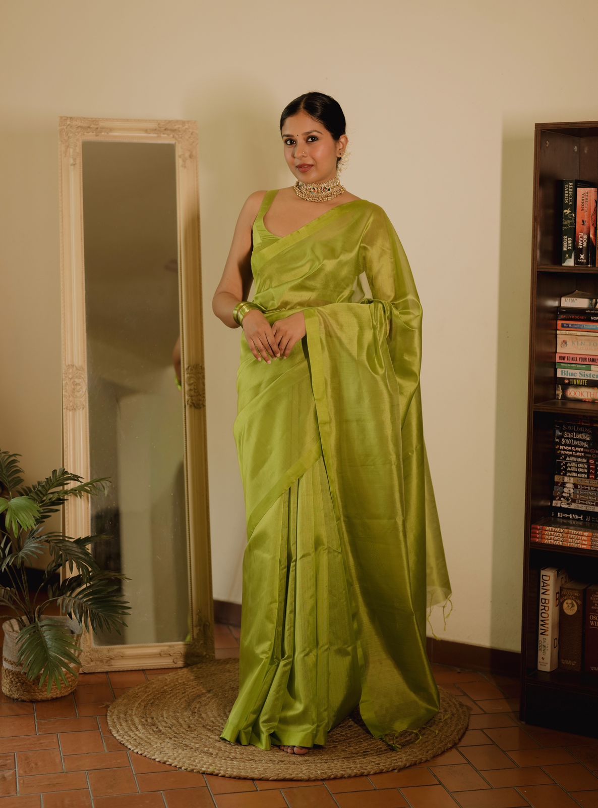 Olive green Chanderi silk saree with silk border