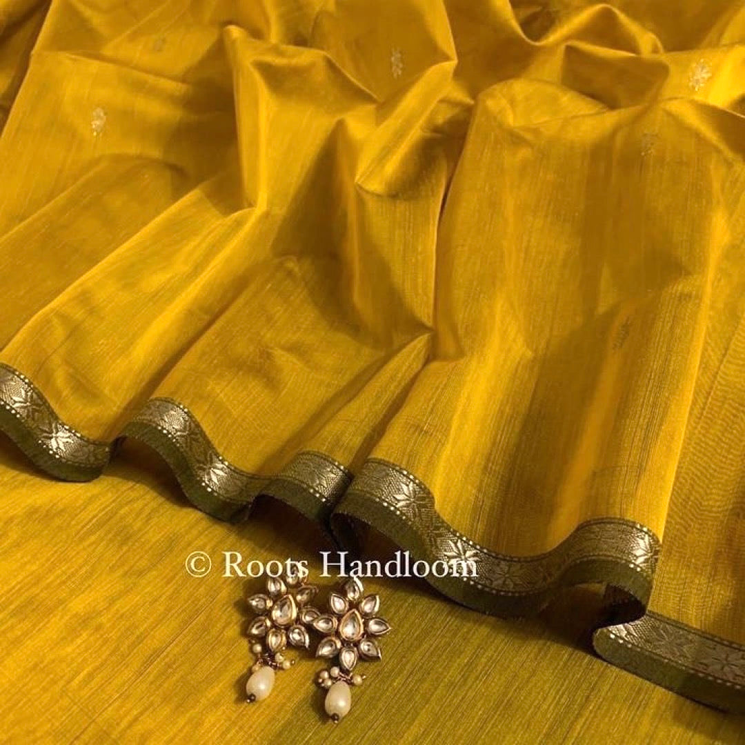 Mustard & green Maheshwari saree with flower bootis all over