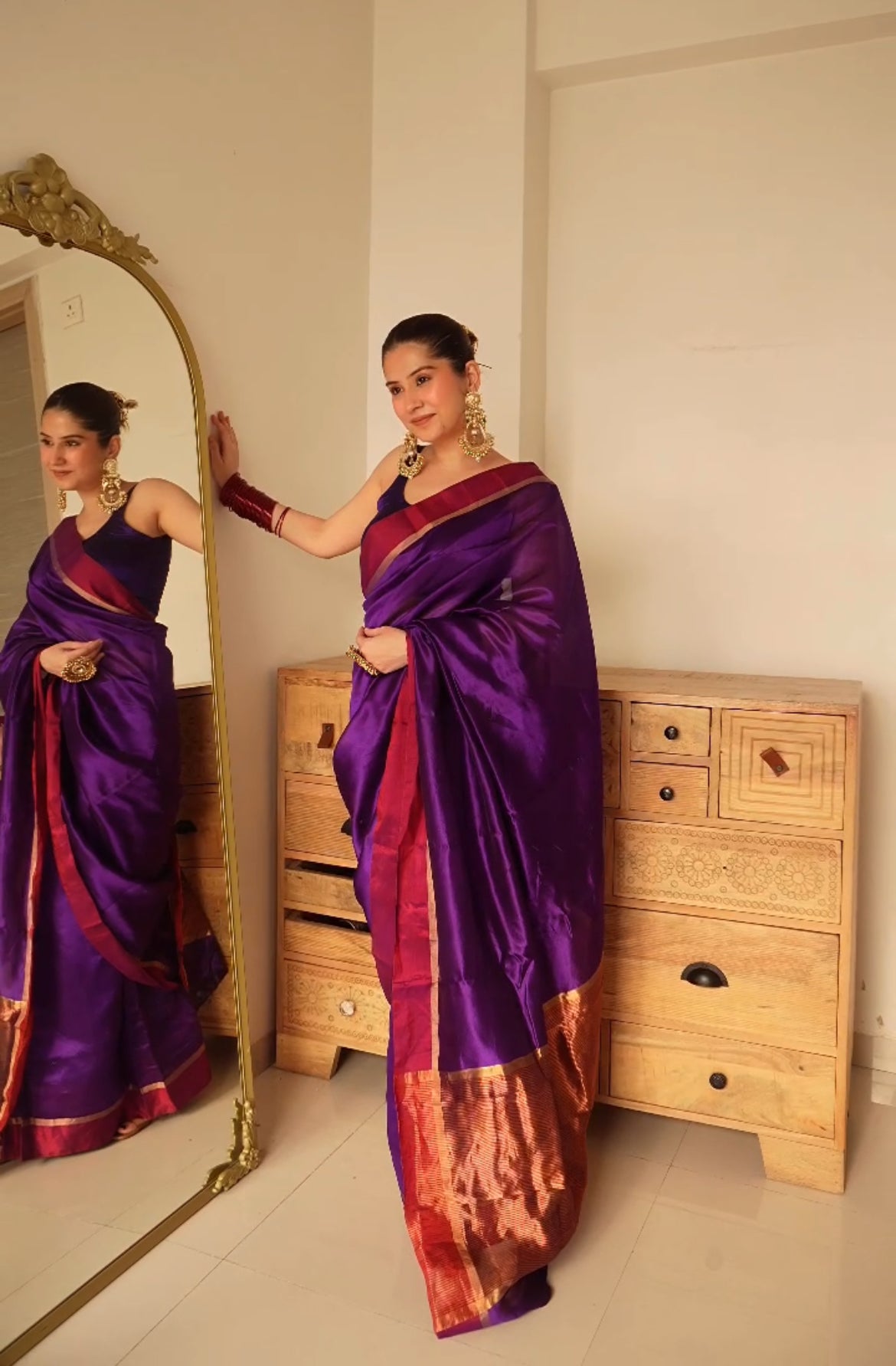 Ready to wear | Dark Purple Plum Chanderi silk saree with zari lines on pallu