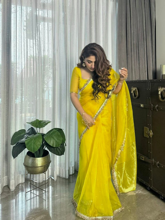 Corn yellow Chanderi silk saree with zari bootis all over