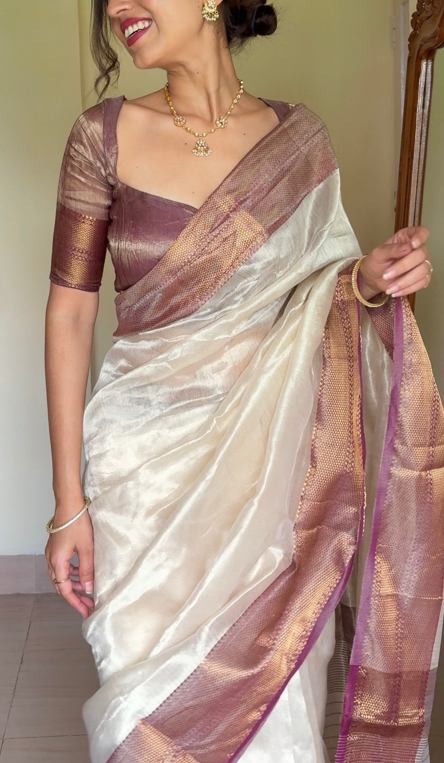 Ready to wear | Cream & Violet Maheshwari tissue silk saree with antique gold zari border