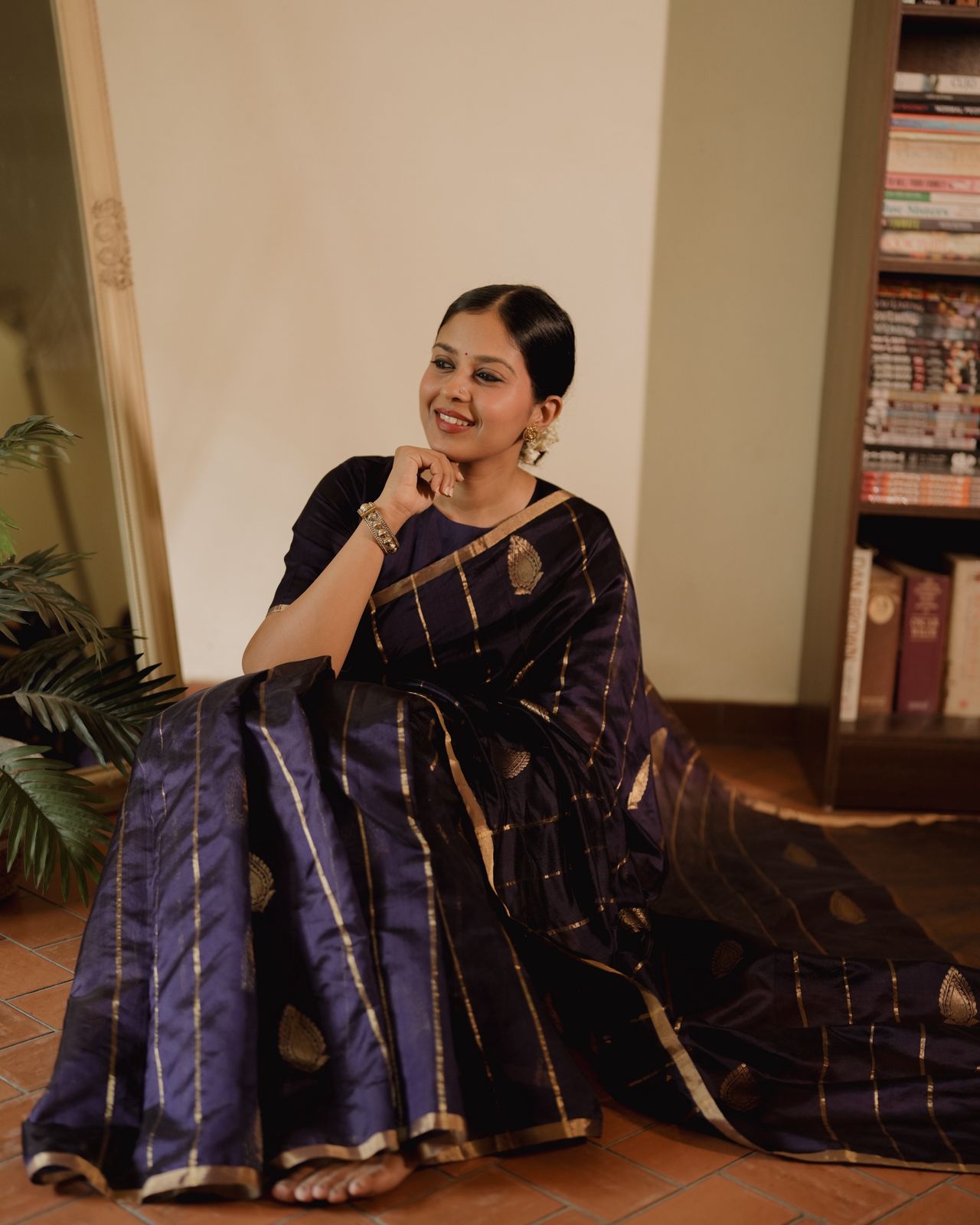 Midnight blue Chanderi silk saree with zari motifs all over