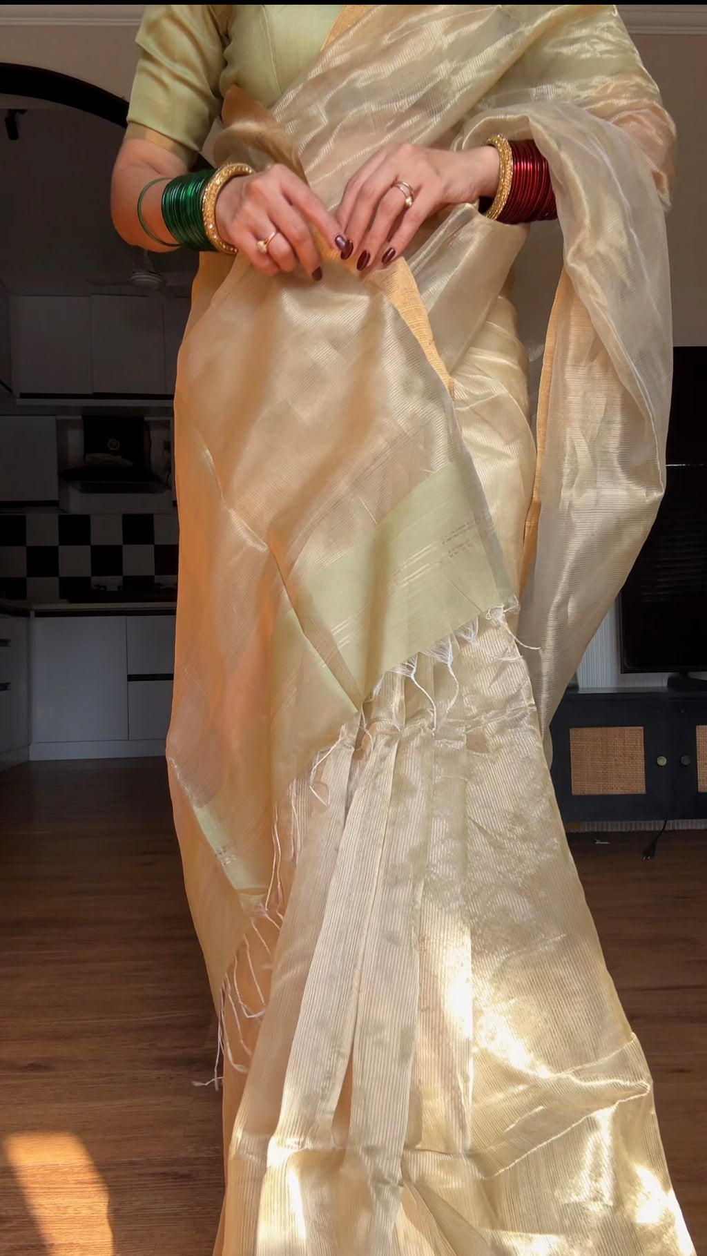 Olive Gold Maheshwari Saree with Zari lines all over