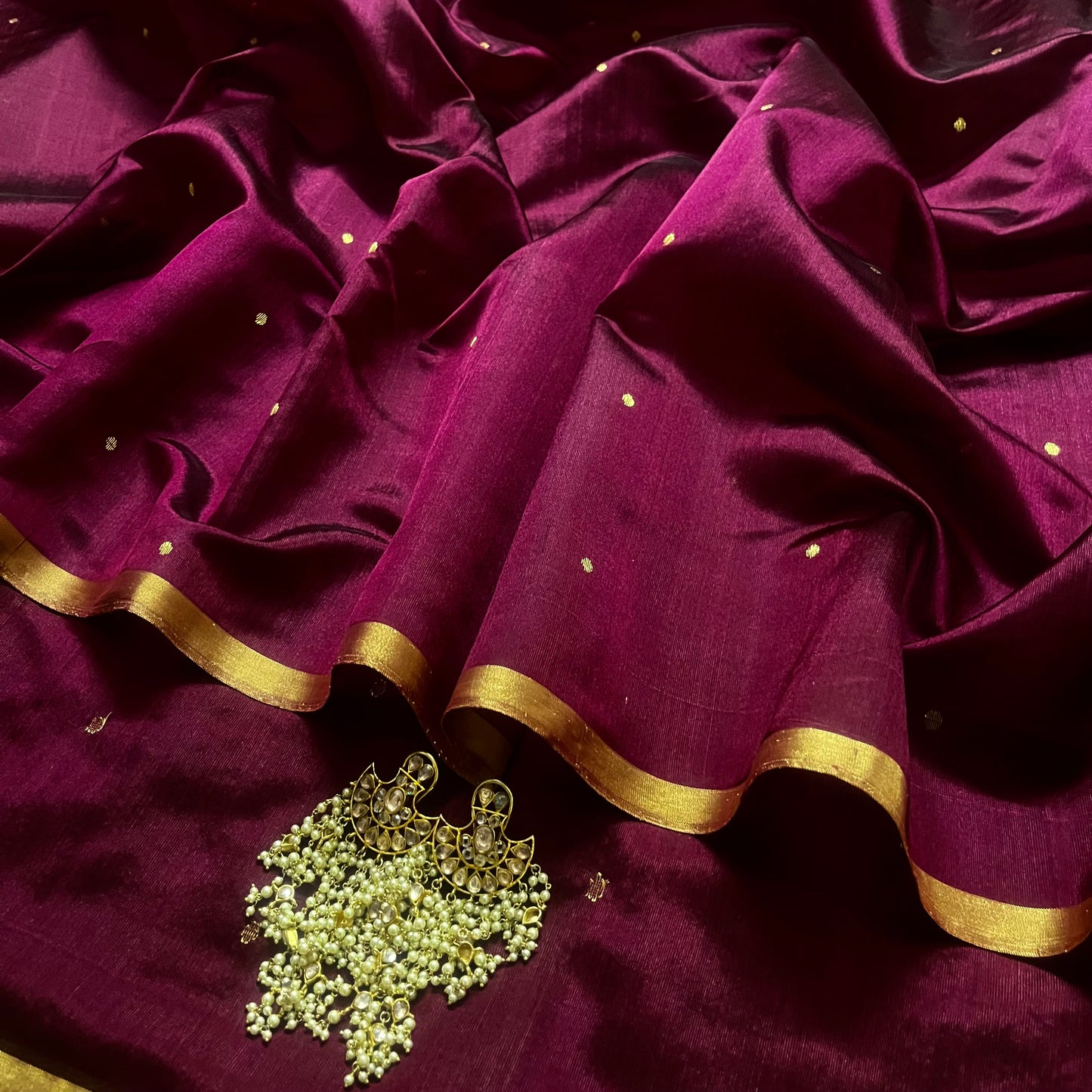 Dark Plum Chanderi silk saree with zari bootis all over