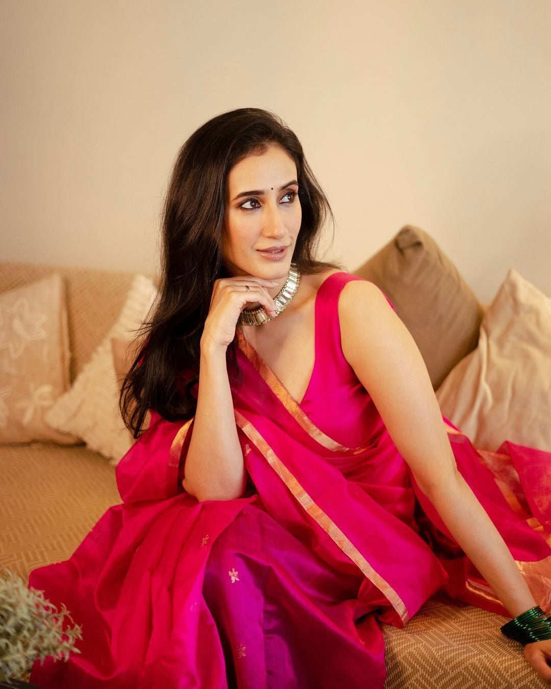Rani pink chanderi silk saree with flower bootis all over