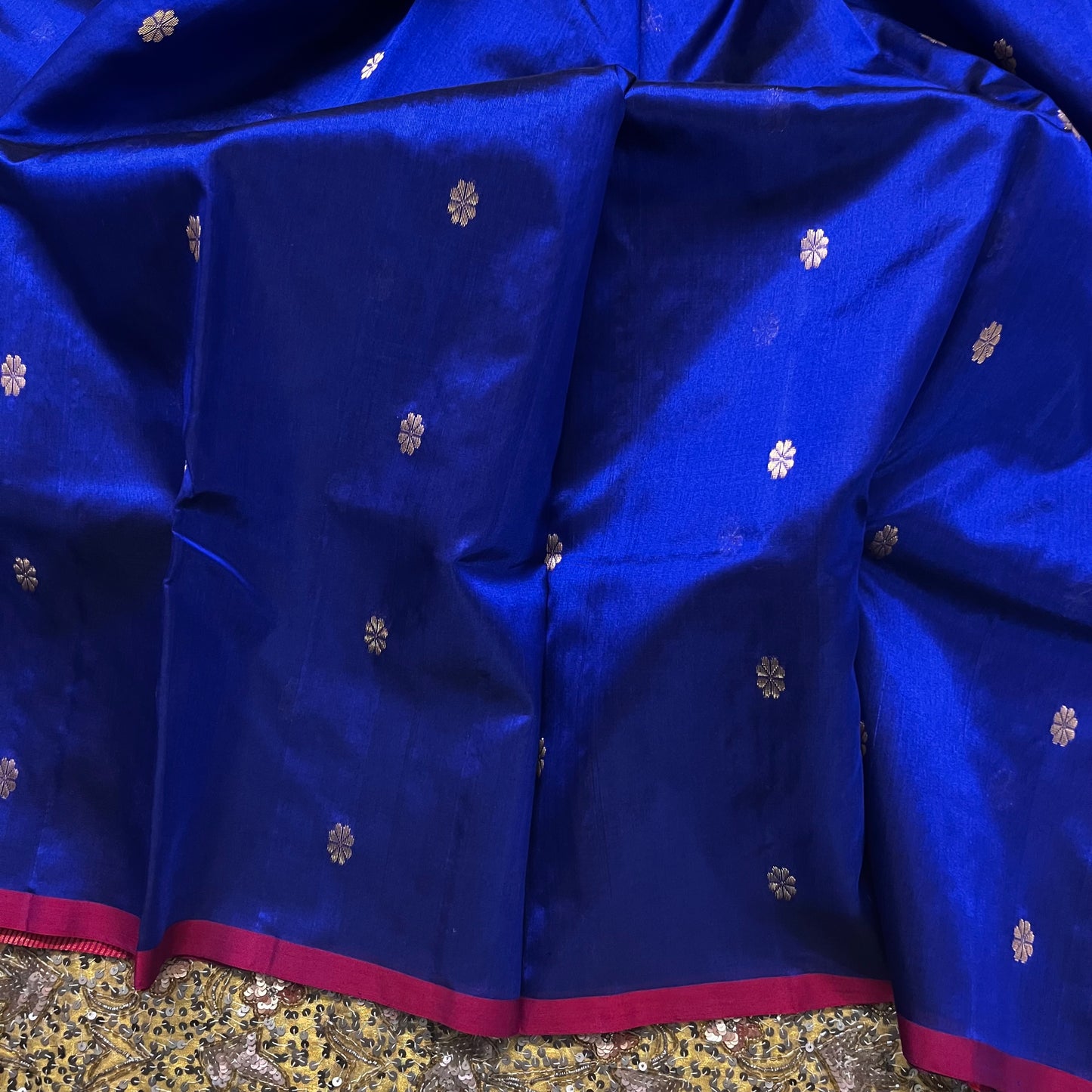 Dark blue Chanderi silk saree with flower bootis all over