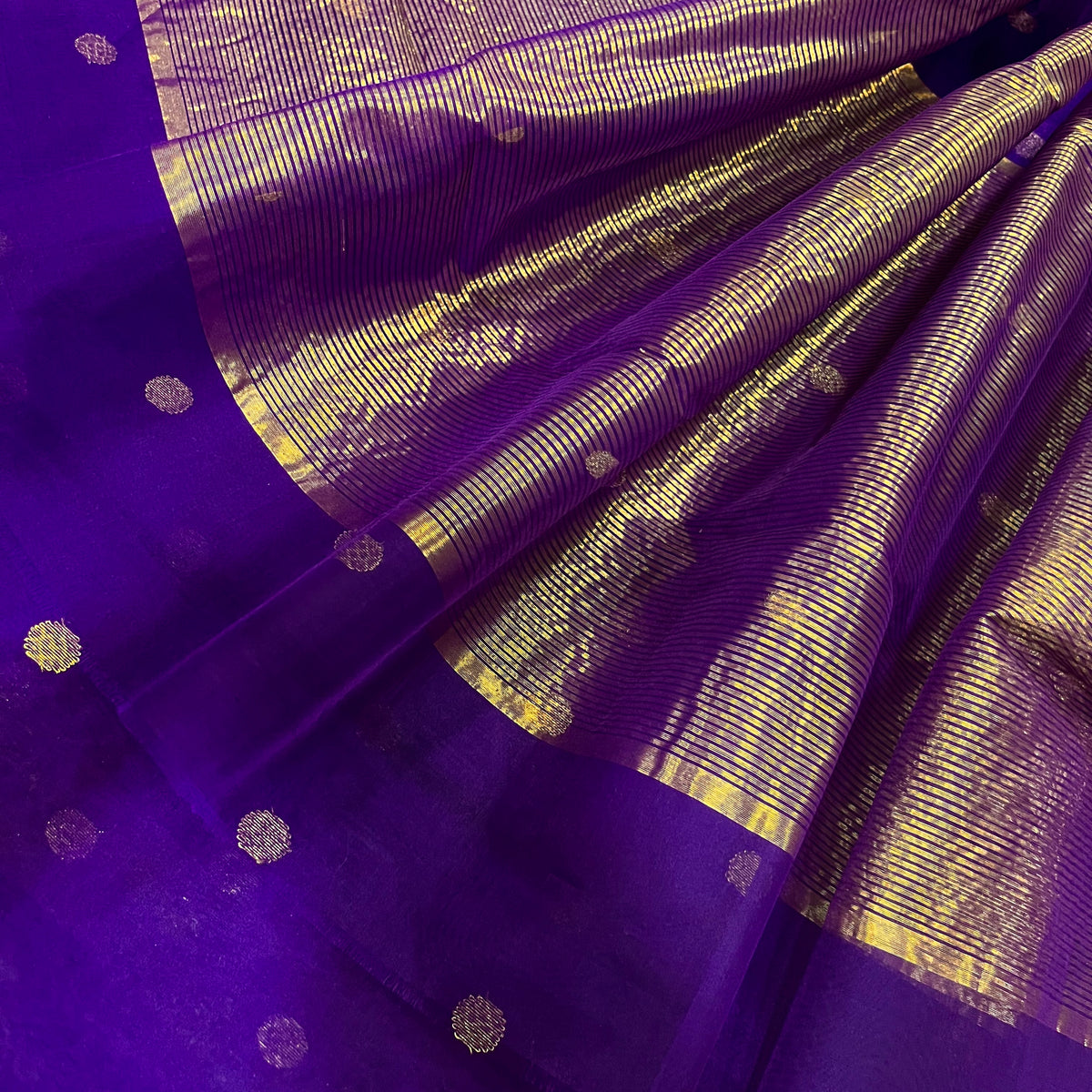 Ready to wear | Dark Purple & Pink Chanderi Organza Silk Saree with Zari Bootis all over