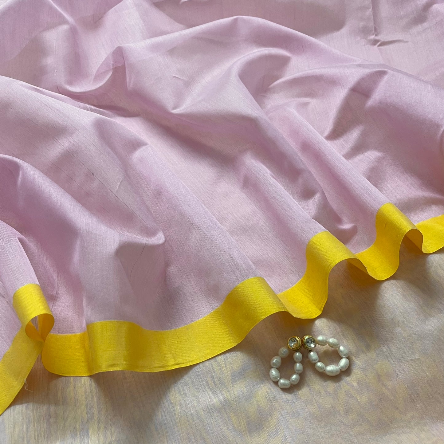Pink and lemon Chanderi saree with zari lines on pallu