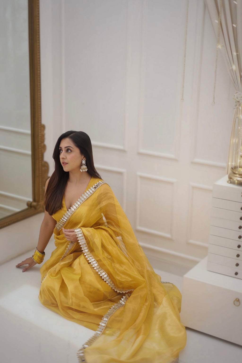 Molten amber gold chanderi tissue silk saree with mirror work border