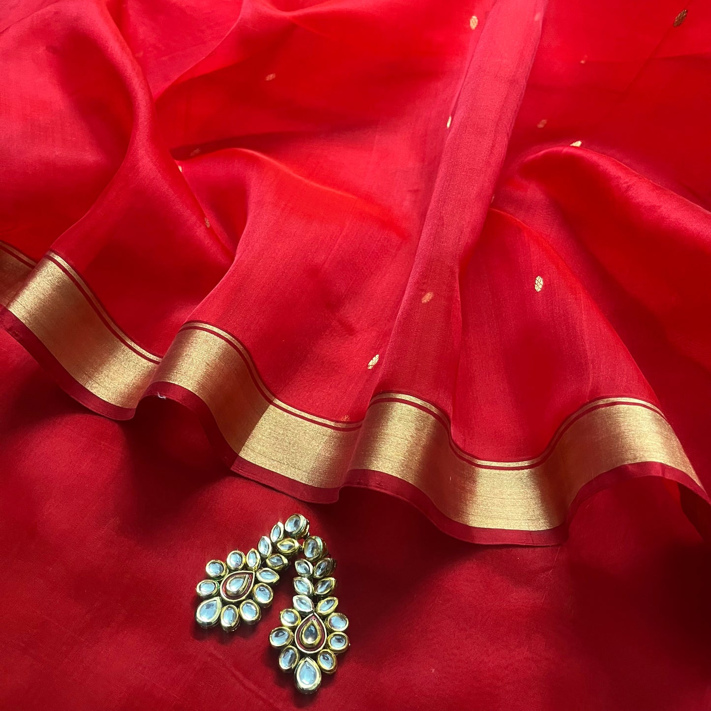 Red Chanderi silk saree with zari motifs on pallu