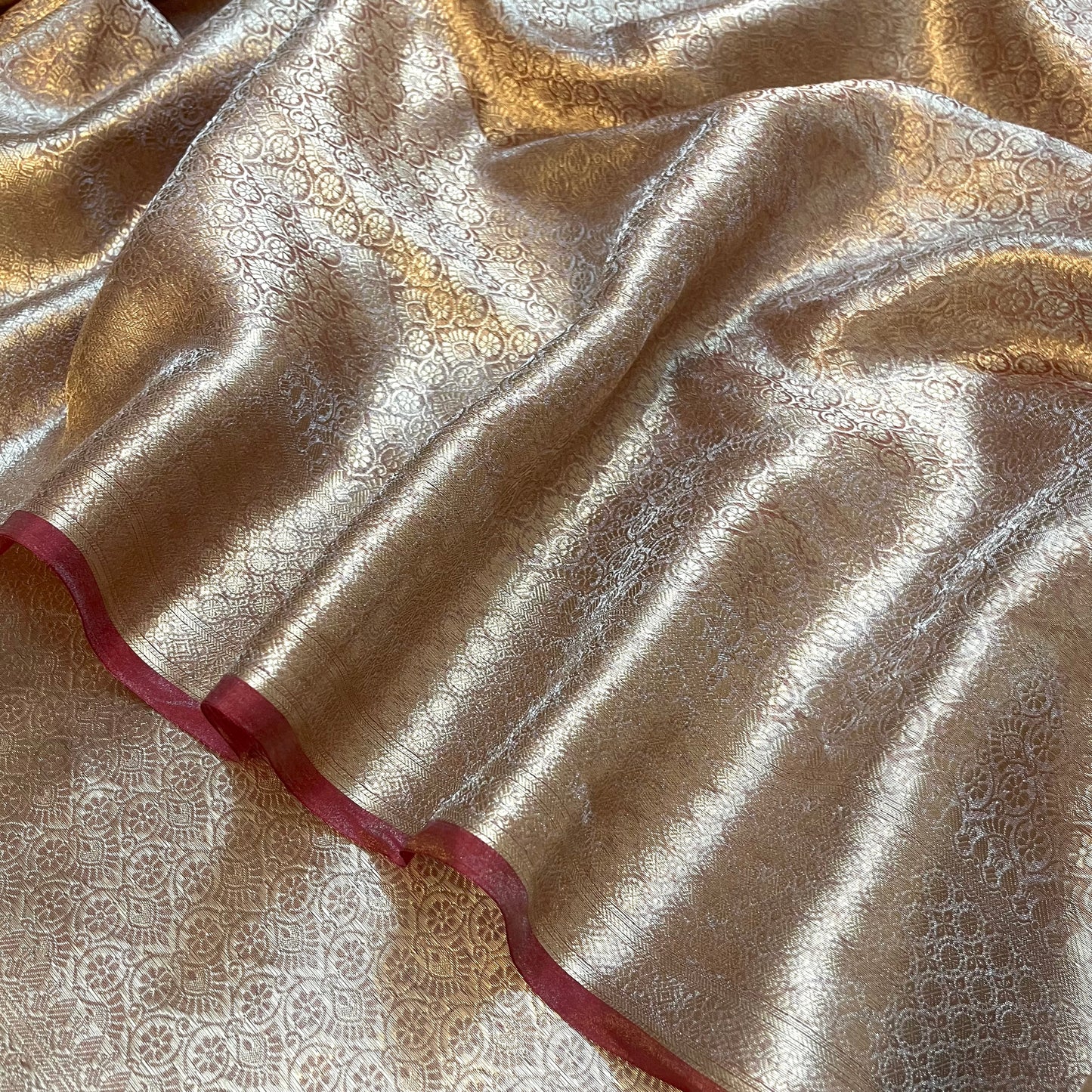 Champagne & Red Banarasi Brocade silk saree with zari pattern all over