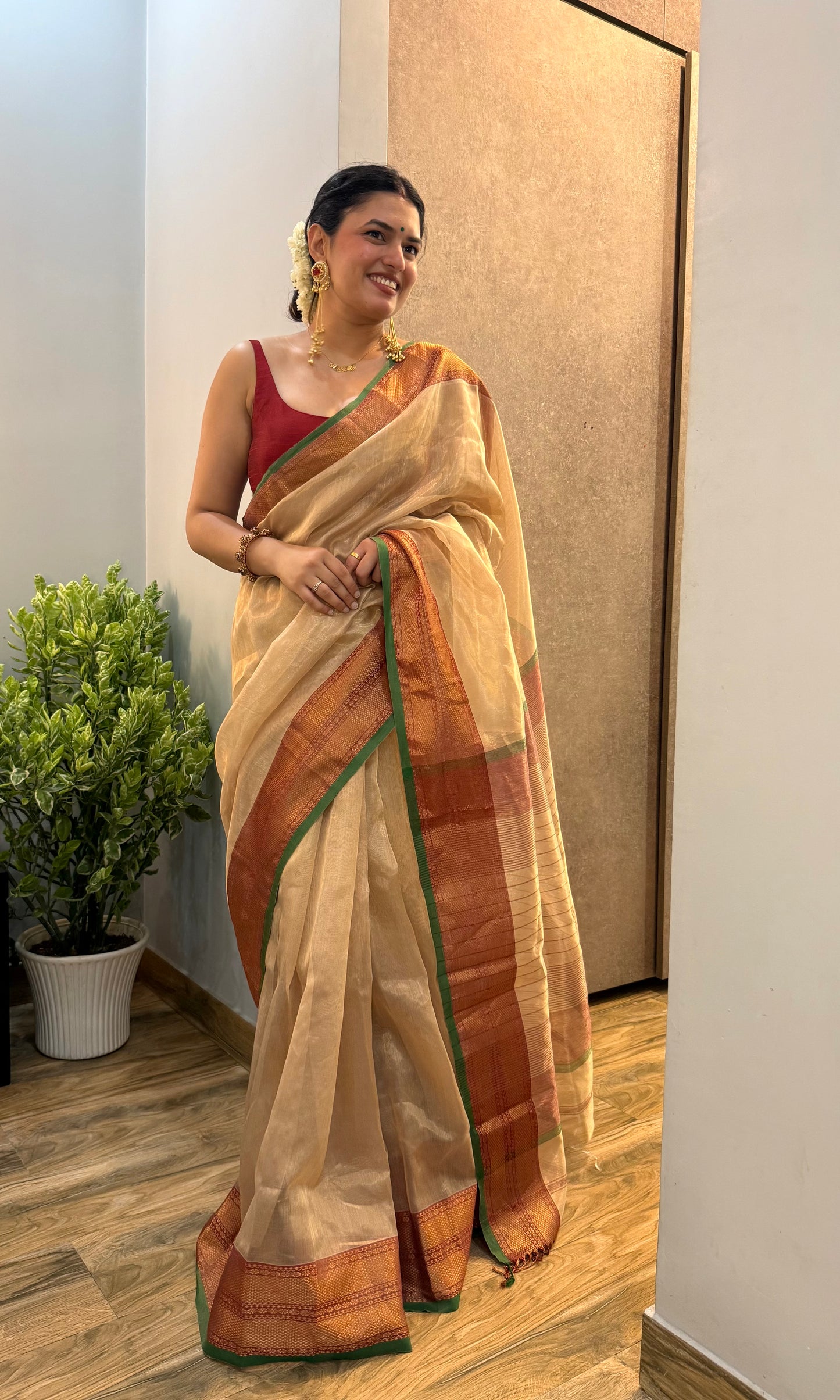 Gold Red & Green Maheshwari tissue saree with zari pattern on pallu