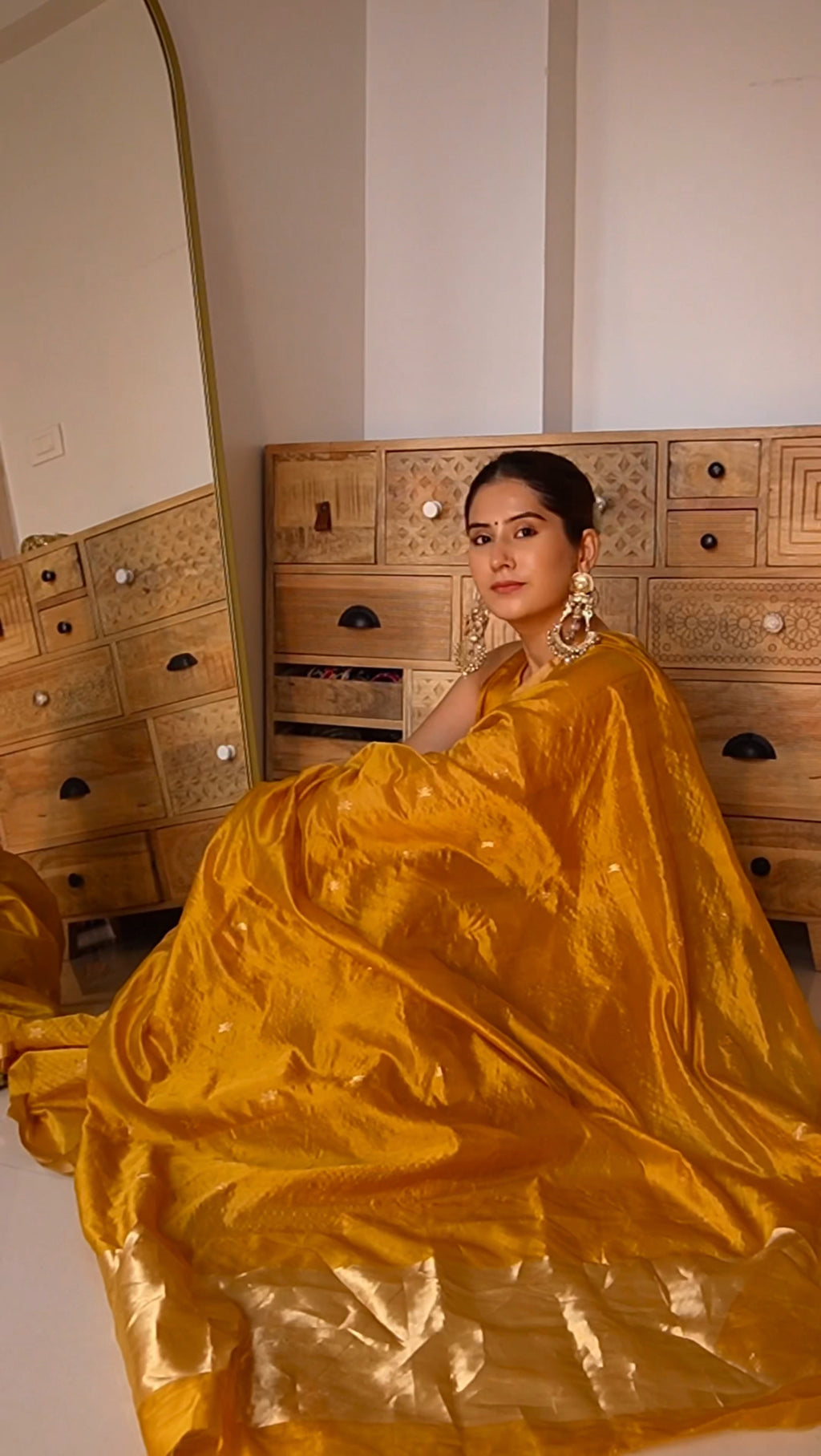 Ready to wear | Mustard Gold Chanderi Silk Saree with Flower Bootis all over