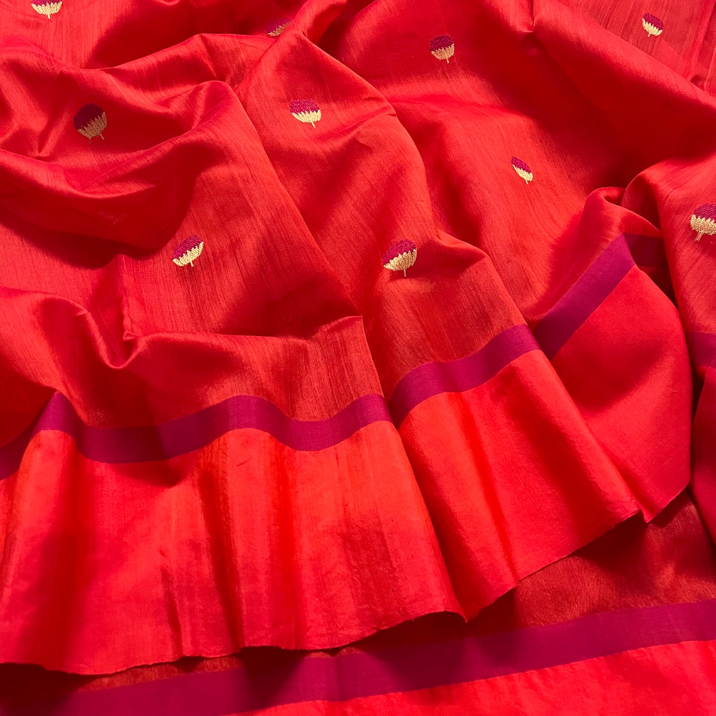 Tomato red and pink chanderi saree with silk border