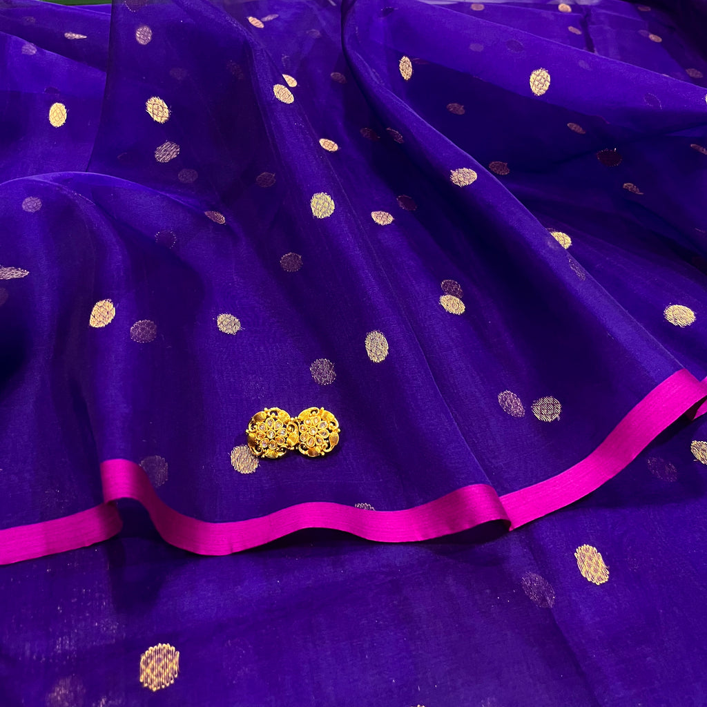 Ready to wear | Dark Purple & Pink Chanderi Organza Silk Saree with Zari Bootis all over