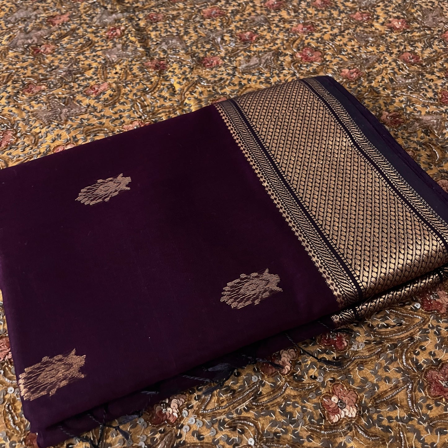 Deep wine Maheshwari saree with zari motifs all over