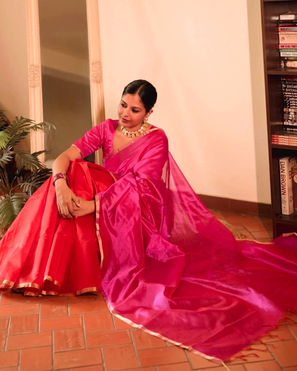 Chili Red and pink Chanderi silk saree with tassels on pallu