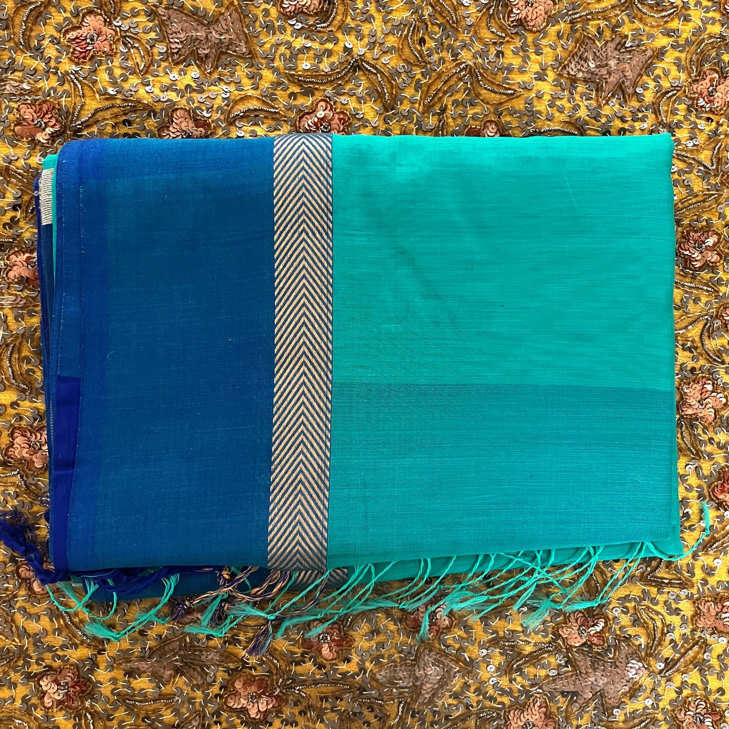 Tiffany green and blue Maheshwari saree