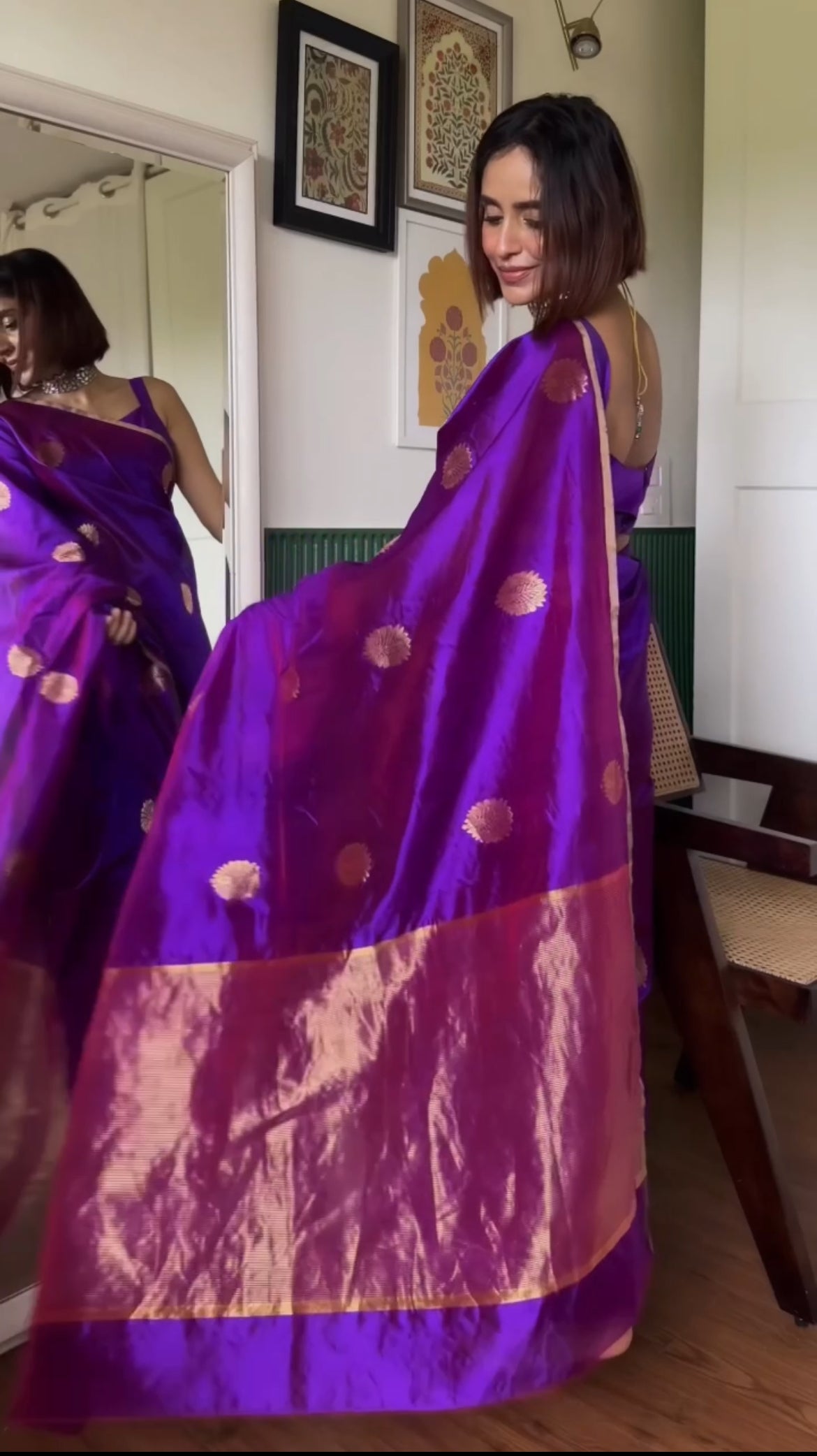 Violet dual tone chanderi silk saree with mor-motifs all over