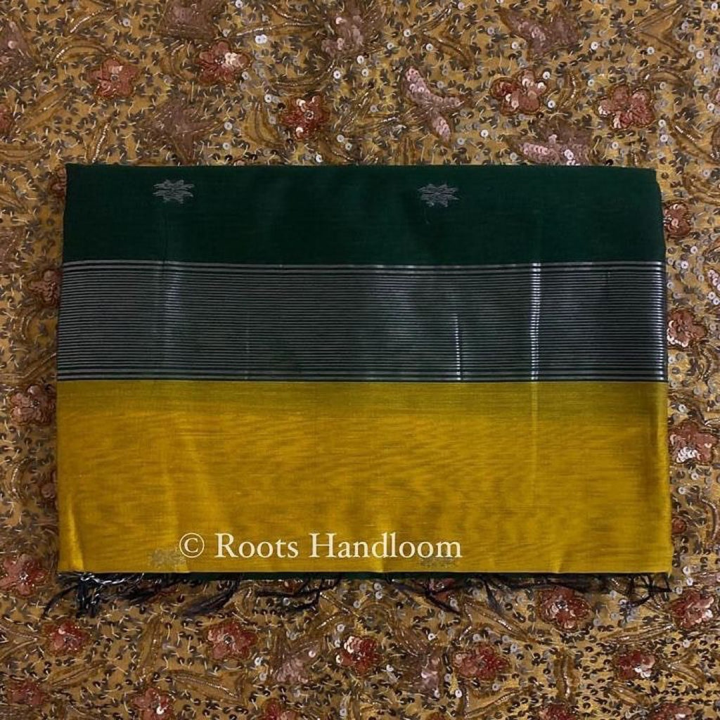 Mustard & green Maheshwari saree with flower bootis all over