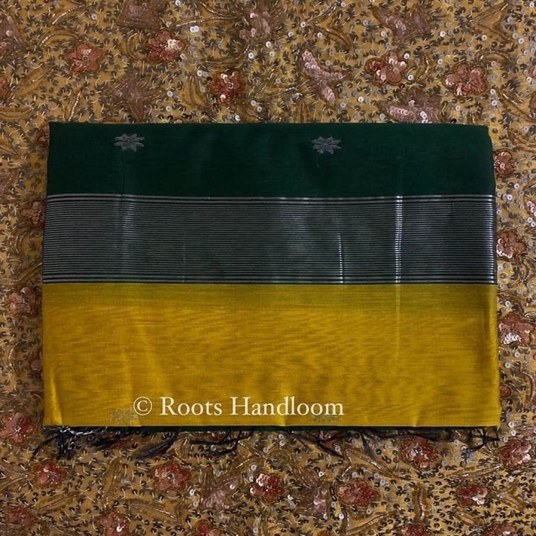 Mustard & green Maheshwari saree with flower bootis all over