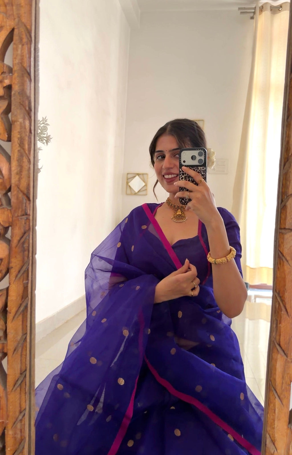Ready to wear | Dark Purple & Pink Chanderi Organza Silk Saree with Zari Bootis all over