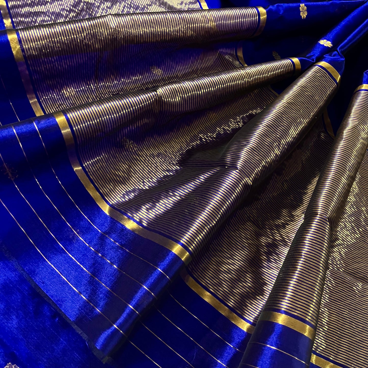 Dark blue Chanderi silk saree with flower bootis all over