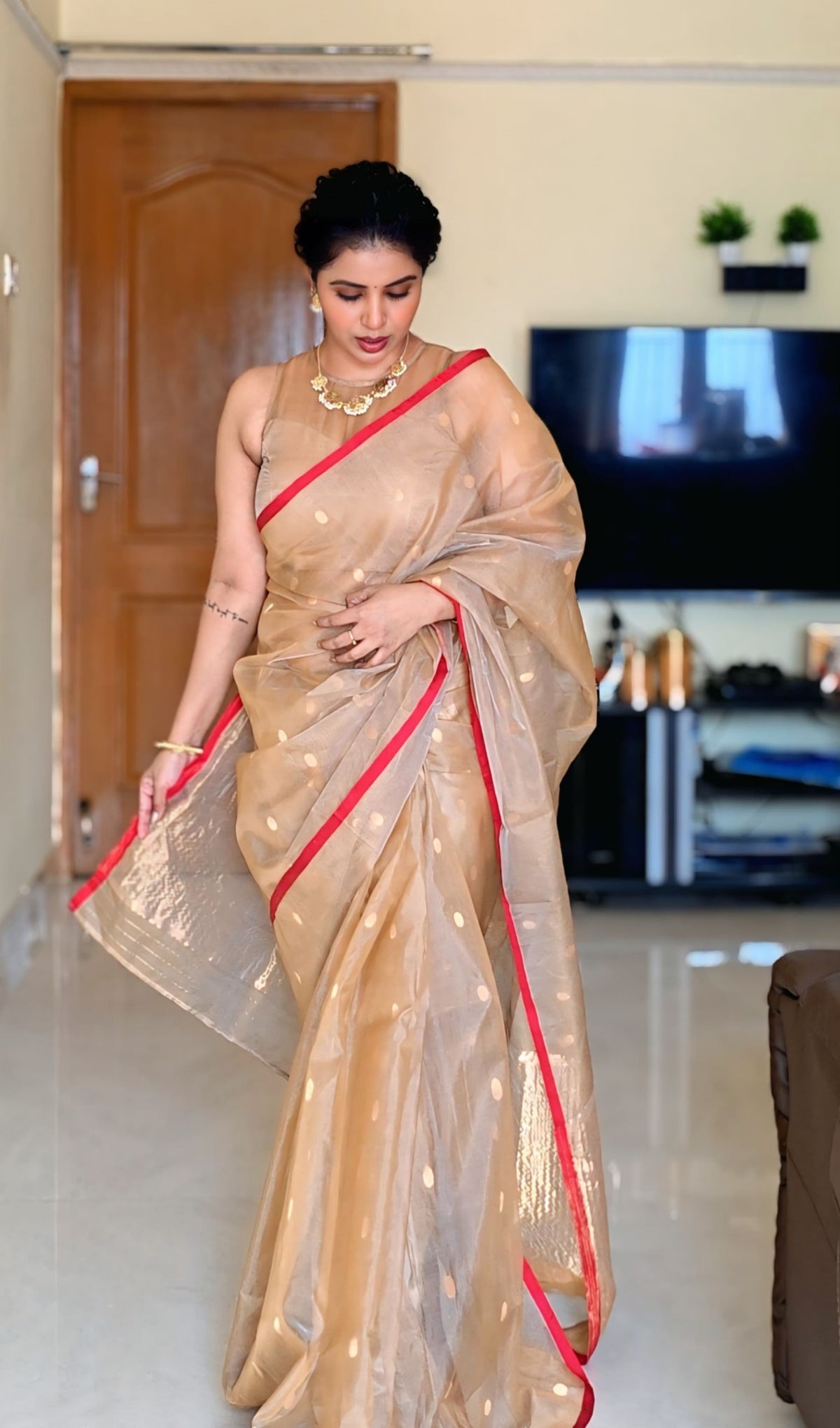Beige gold and red Chanderi silk saree with zari bootis all over