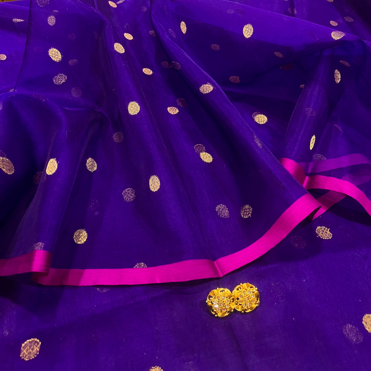 Dark Purple & Pink Chanderi silk saree with zari bootis all over