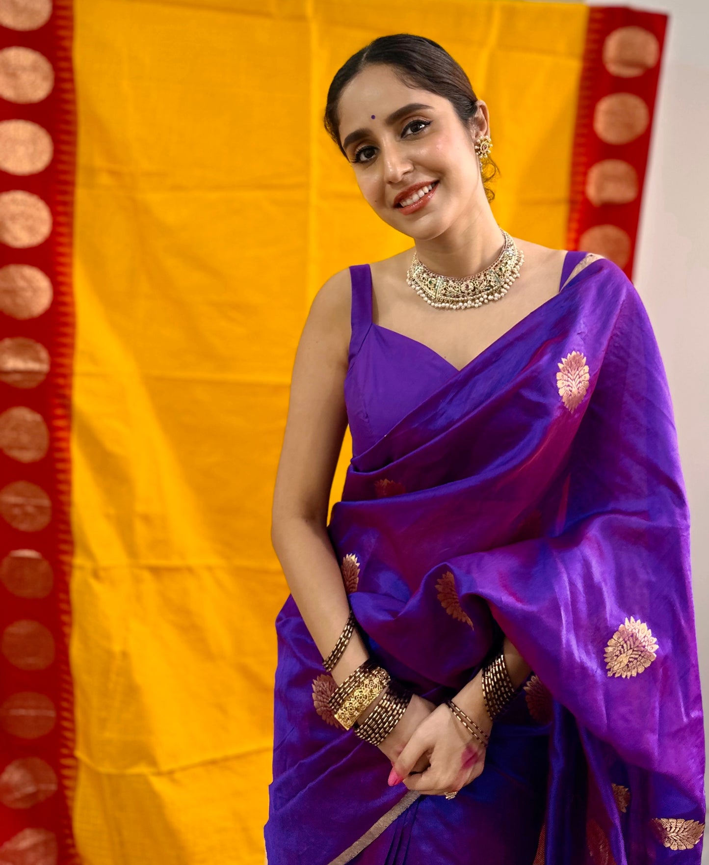 Violet dual tone chanderi silk saree with mor-motifs all over
