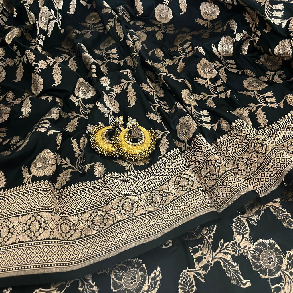 Black Banarasi Organza Silk Saree with Zari Jaal Work all over