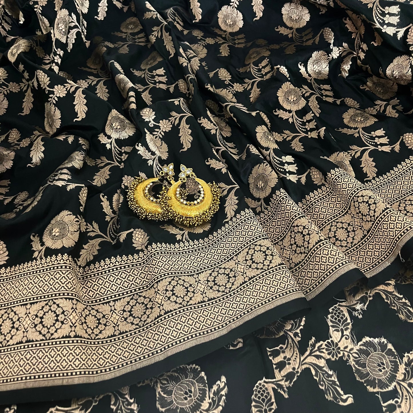 Black Banarasi katan silk saree with zari jaal work all over