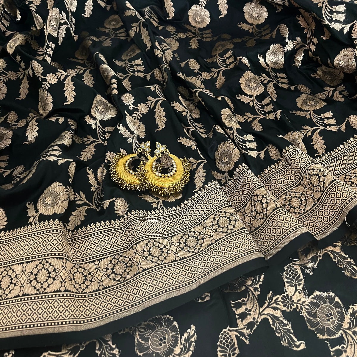 Black Banarasi Organza Silk Saree with Zari Jaal Work all over