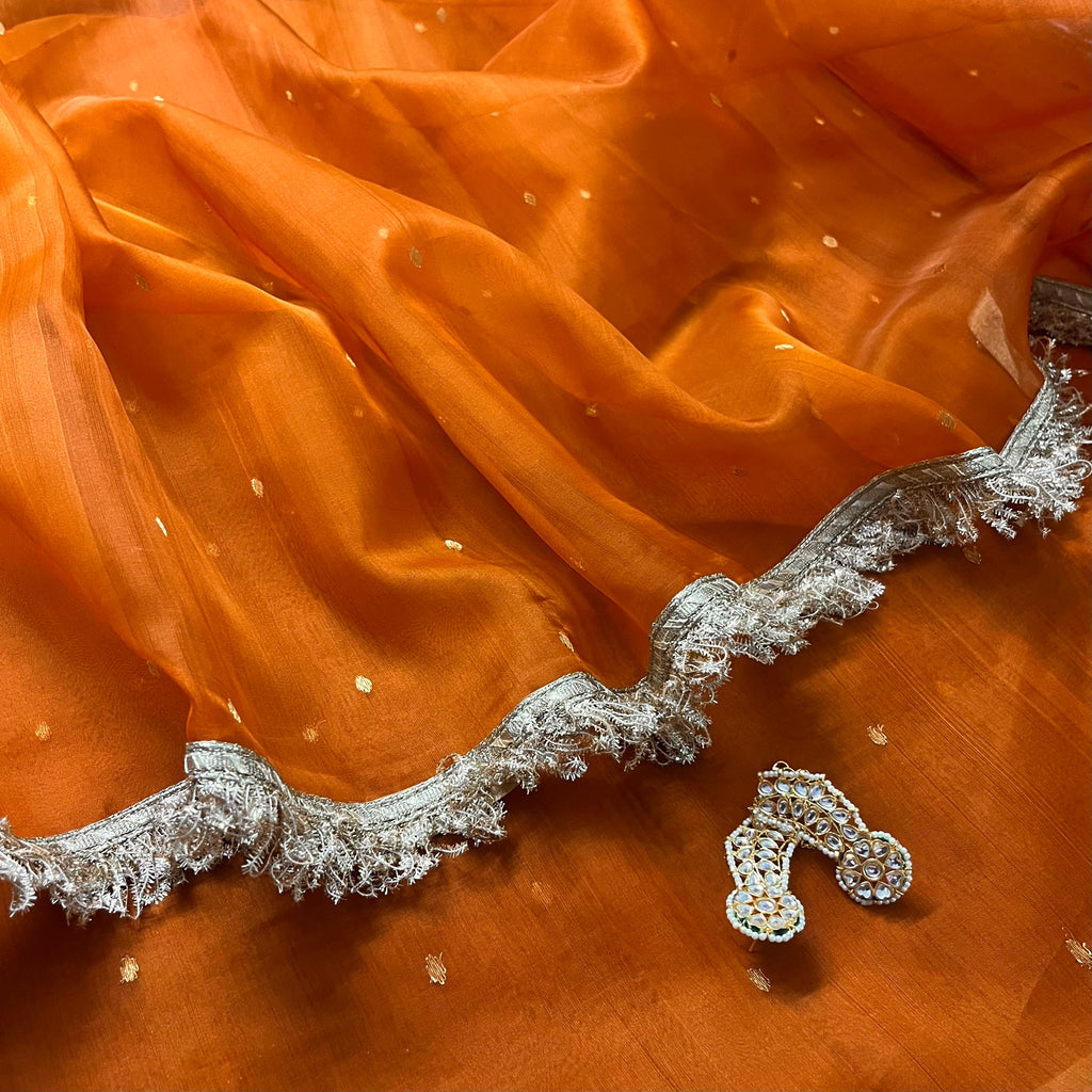 Burnt Orange Chanderi Silk Saree with Zari Bootis all over