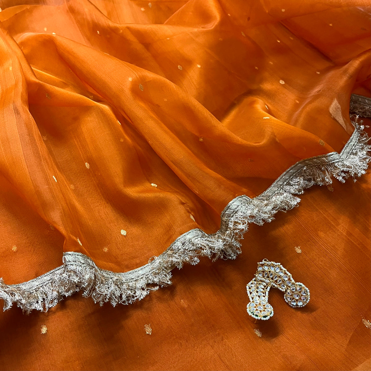 Burnt Orange Chanderi Silk Saree with Zari Bootis all over