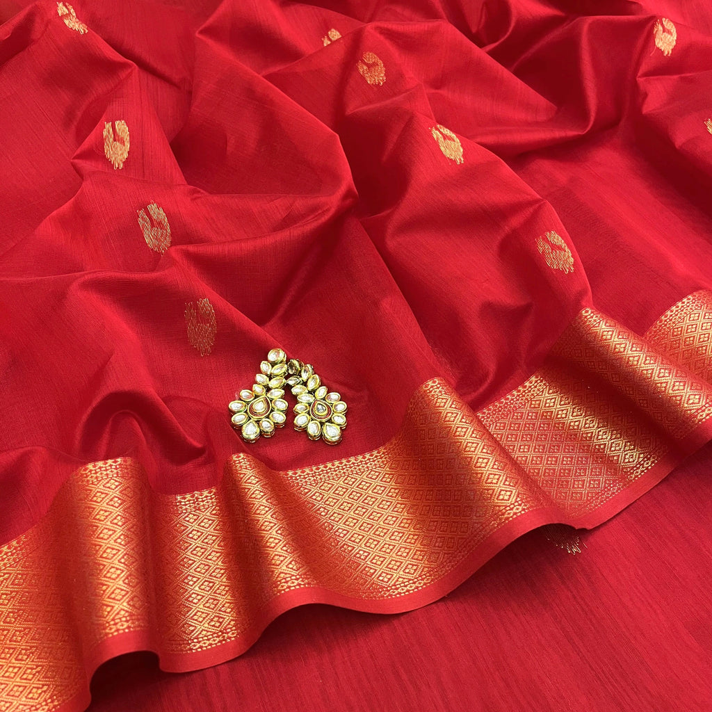 Red Maheshwari saree with morni motifs all over