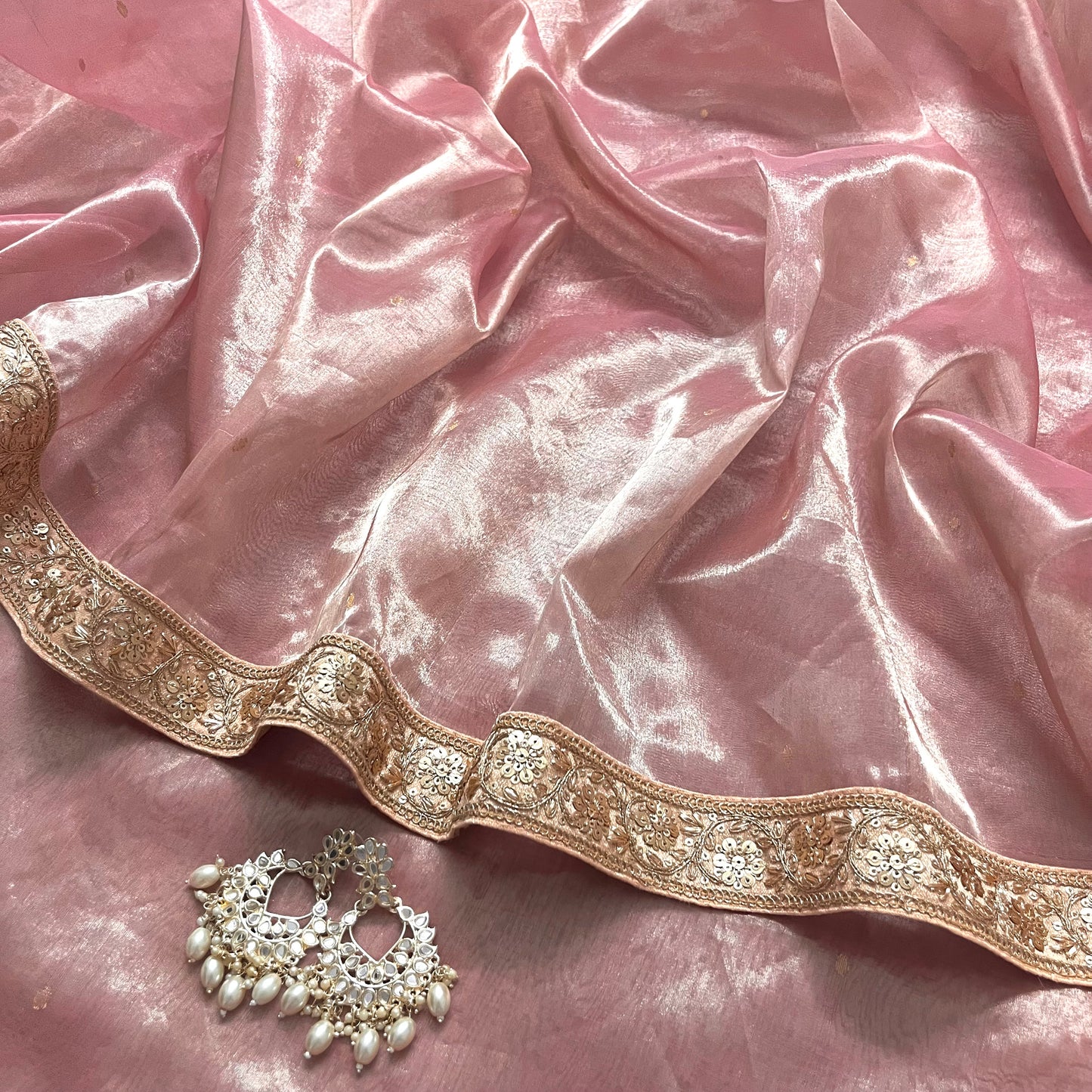 Flamingo pink Chanderi tissue silk saree with zari bootis all over