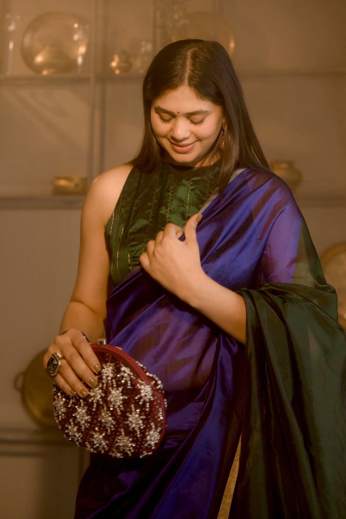 Indigo and green Chanderi silk saree with zari border