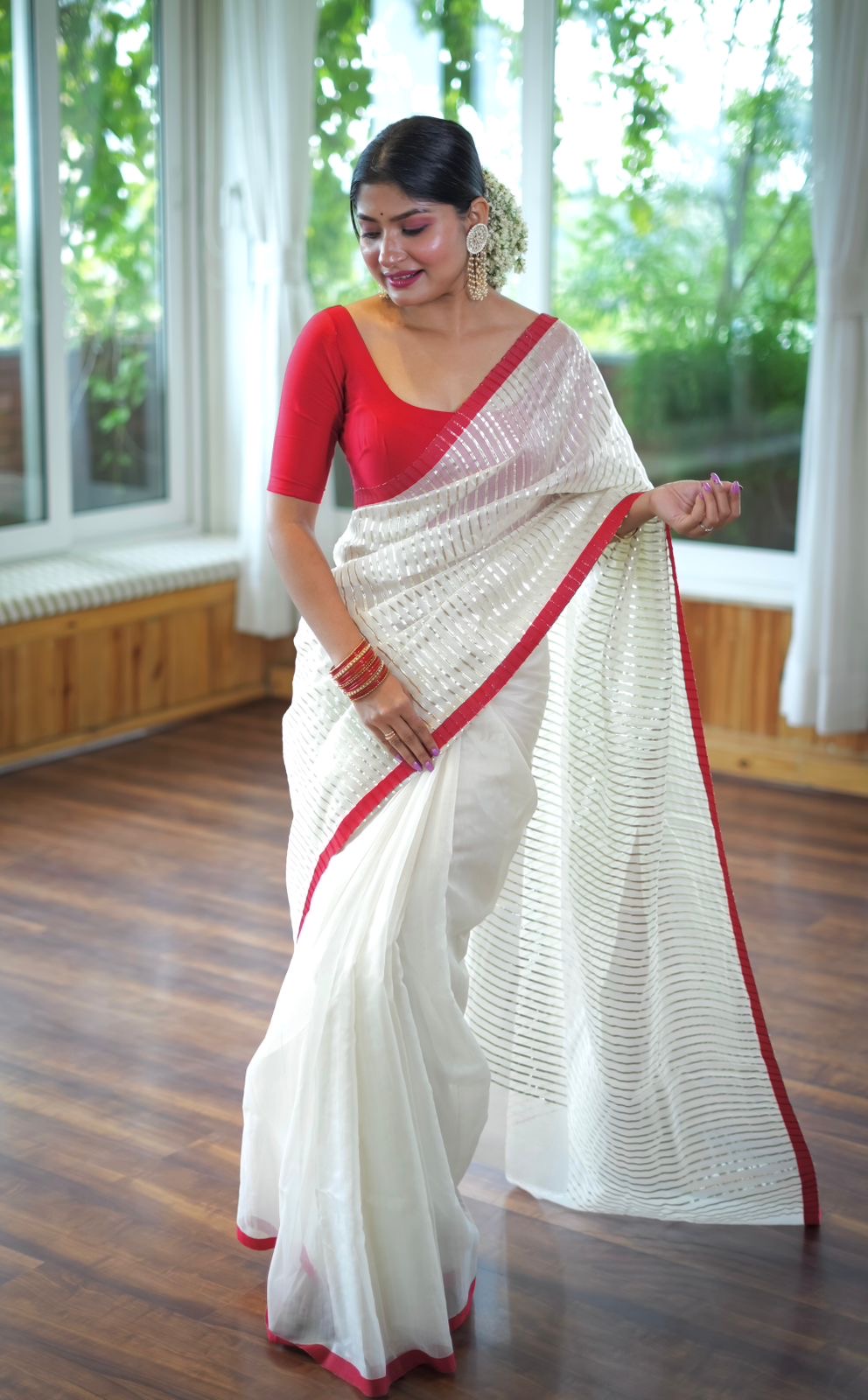 Off white & red chanderi saree with intricate gota work all over
