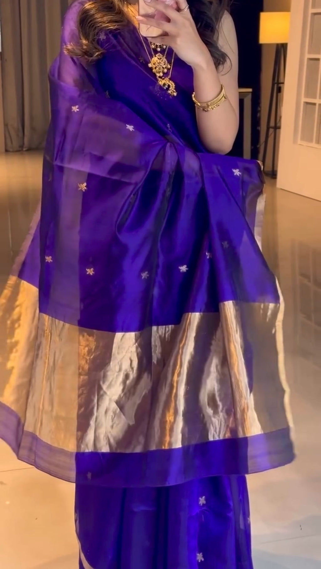 Dark Purple Chanderi Silk Saree with Flower Bootis, ready-to-wear edition