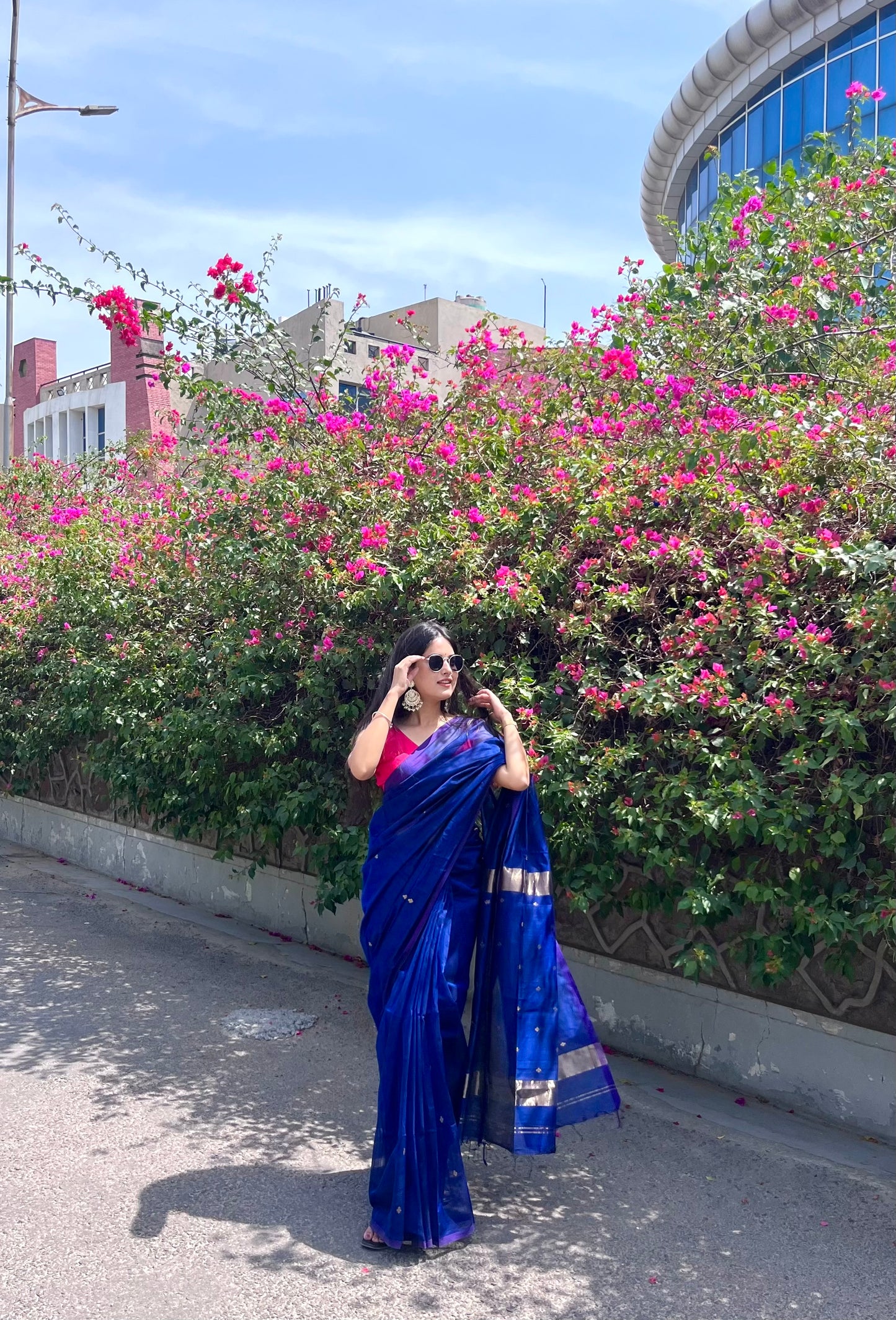 Dark blue maheshwari saree with zari bootis all over