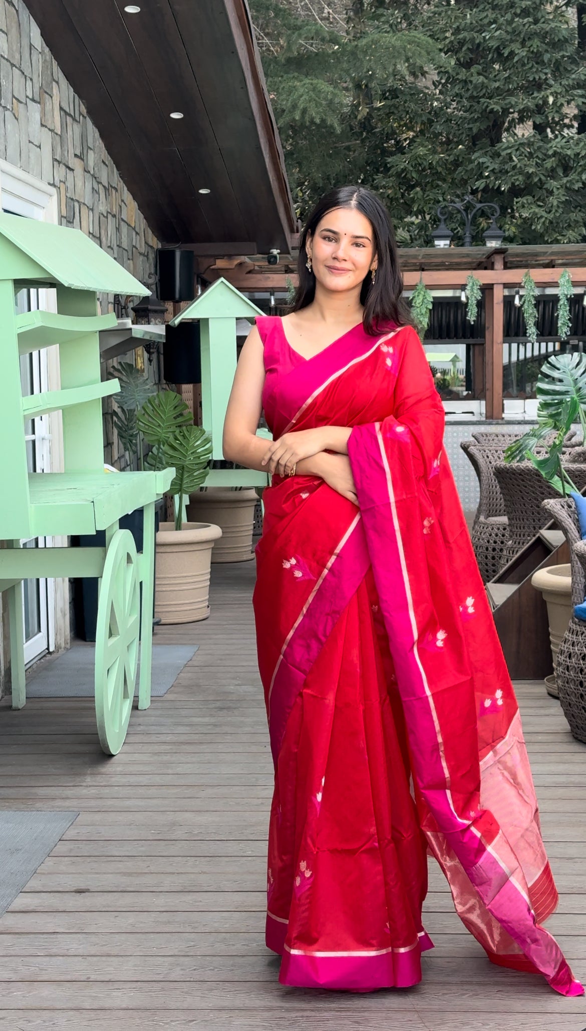 Red and pink chanderi saree with flower motifs all over