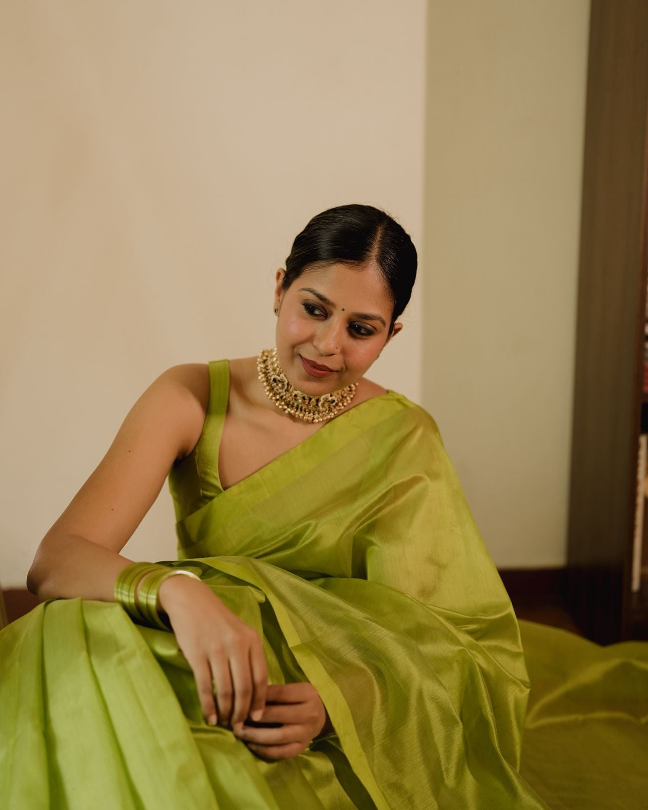 Olive green Chanderi silk saree with silk border