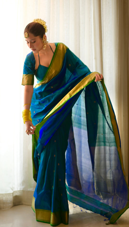 Peacock blue and green dual tone Maheshwari silk saree with zari bootis all over