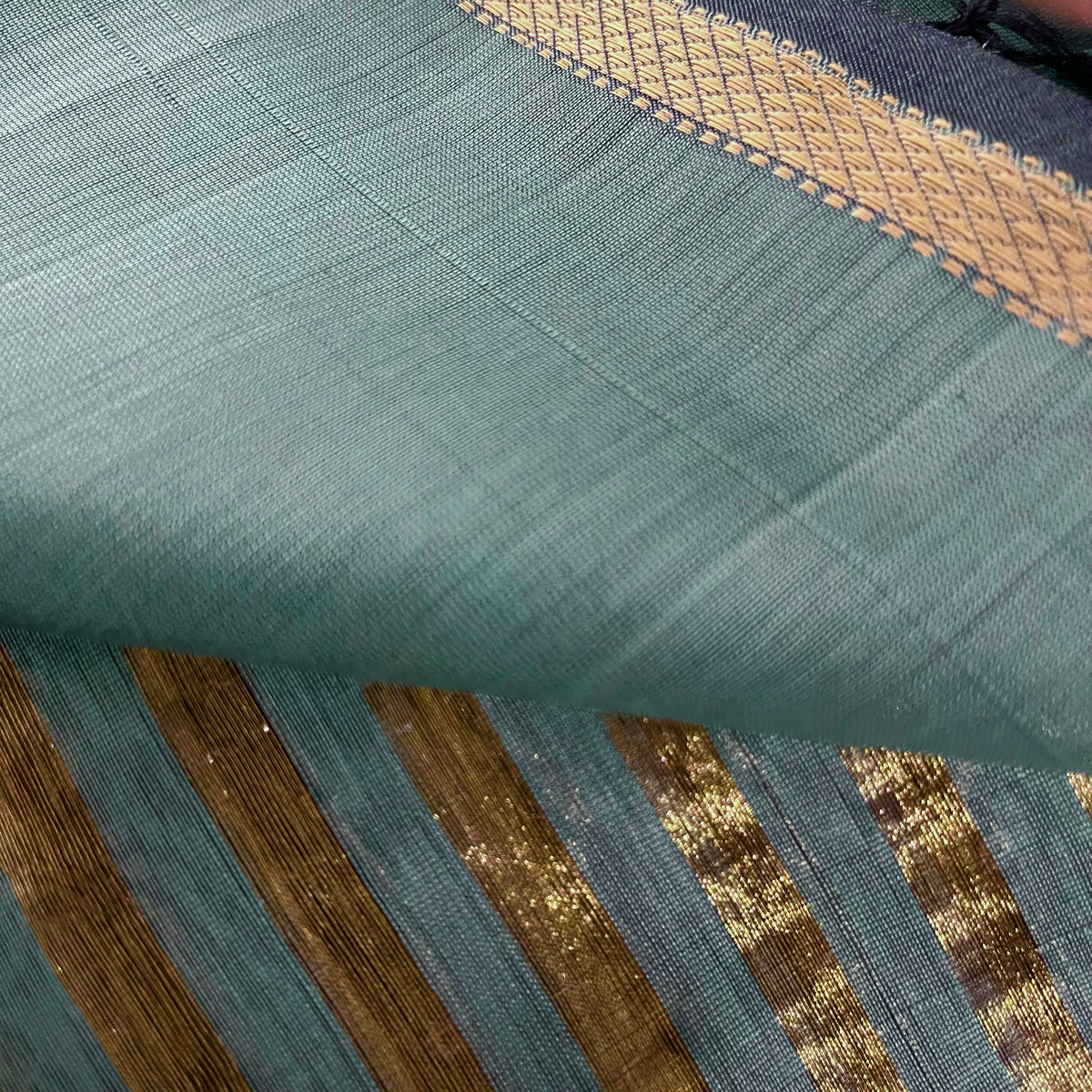 Baby blue Maheshwari saree with zari stripes all over